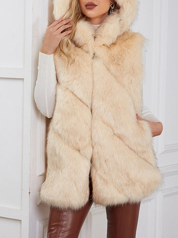 Airchics mi-longue manteau en fausse fourrure unicolore à capuche sans manches femme mode lâche hiver